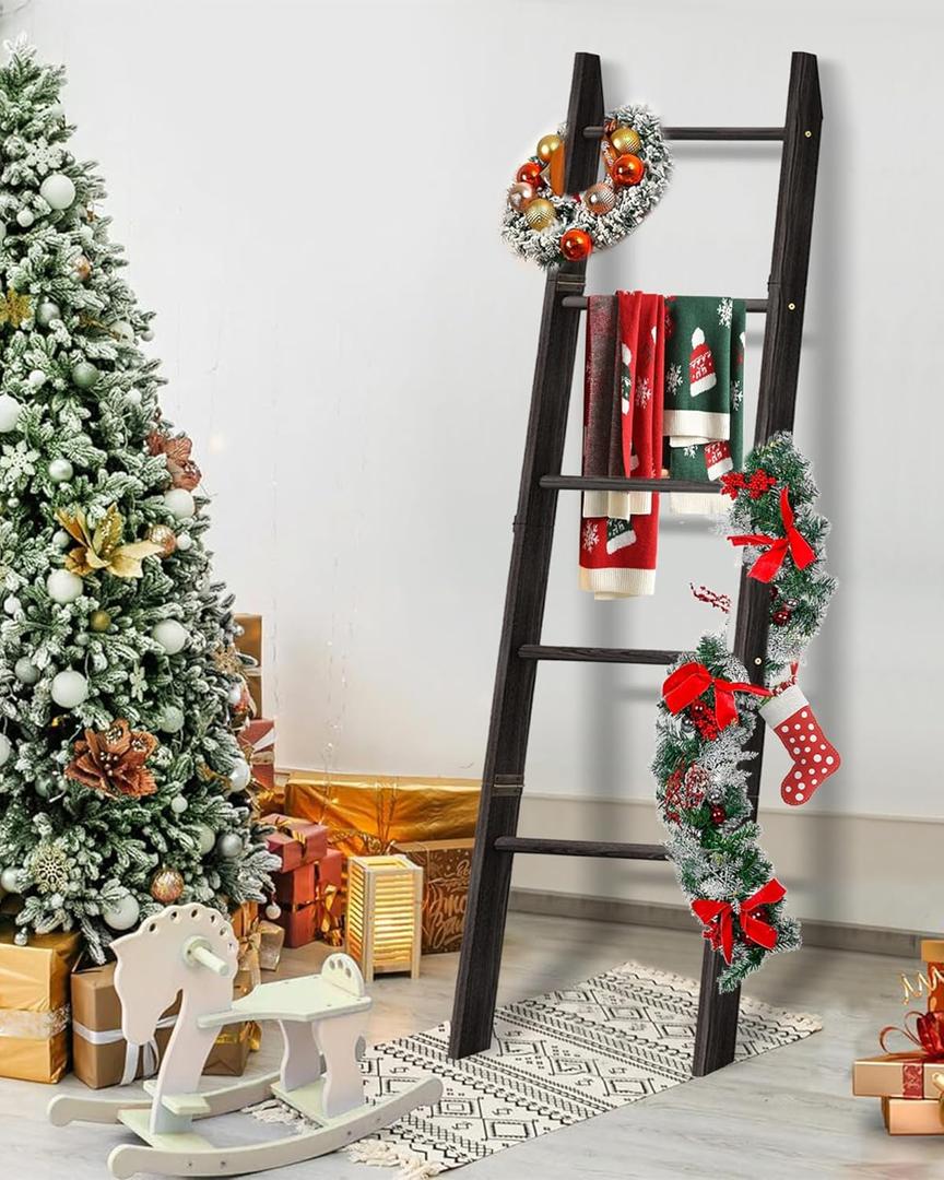 Blanket Ladder for Living Room, 5-Tier Wooden Ladder Shelf, Rustic Decorative Blanket Rack for Blankets, Quilts, Farmhouse Decor Ladder Shelf for Bedroom Bathroom Home Christmas Decor, Black
