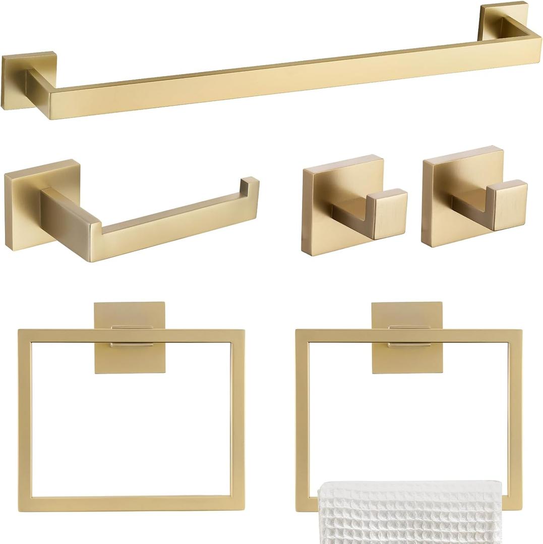 TQKAG 6-Piece Bathroom Towel Bar Sets Brushed Gold 23.6 inch Towel Bar Stainless Steel Towel Ring Coat Hook and Toilet Paper Holder Bathroom Hardware Set Wall Mounted Bathroom Accessories Kit