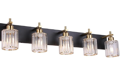 5-Light Vanity Lights for Bathroom: Black Gold Vanity Lights with Crystal Glass Shade, Modern Crystal Bathroom Light Fixtures Over Mirror, 34inch Black Gold Wall Sconce for Bath, E26 Base