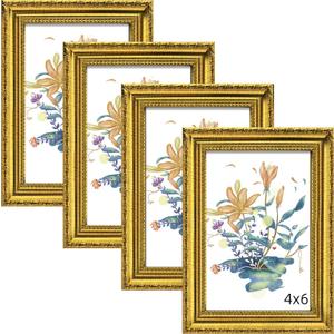 BESCRCL 4x6 Picture Frame Gold with Real Glass, Ornate Vintage 4 x 6 Photo Frames for Wall and Tabletop Display, Set of 4