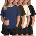 Oakgarden 4 Pack Girls Short Sleeve T Shirts Kids Casual Loose Tops Rolled Cuff Cute Basic Tees 5-14 Years Back to School