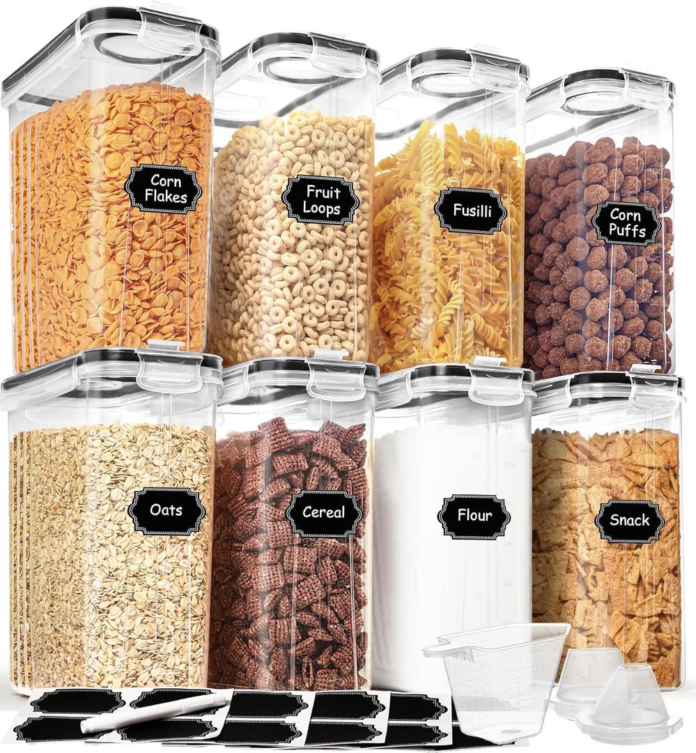 Cereal Containers Storage Set (4L / 135.2oz), 8P CS Airtight Food Storage Containers with Lids, Cereal Dispensers for Kitchen Pantry Organization and Storage with Pour Spout, 20 Labels, Marker
