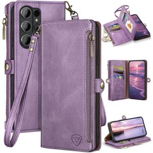 XcaseBar compatible with Samsung Galaxy S26 Ultra Wallet case with Zipper Credit Card HolderRFID Blocking,Flip Folio Book PU Phone case Shockproof Cover Women Men for S26 Ultra case Lilac Purple