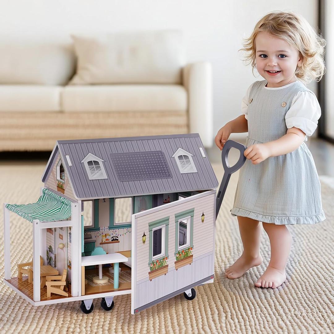 ROBOTIME Doll House, Wooden Dollhouse with Wheels for Girls, Pretend Play RV Set Dollhouse Moveable with 10+Pcs Furniture Accessories, Gift for Kids Ages 3+