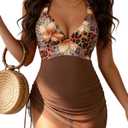 Aidonger Women Swimdress Tummy Control V Neck Halter One Piece Swimsuit Mesh Skirt Bathing Suit with Side Drawstring, 2XL