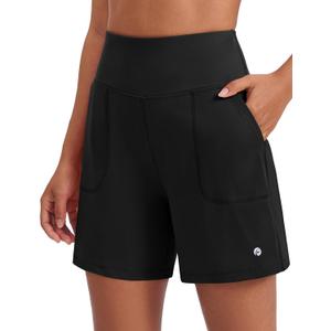 PINSPARK Women's Athletic Shorts 6" High Waisted Yoga Shorts with Pockets | Loose Fit No Liner Walking Shorts, 2 Deep Pockets, Soft & Stretch, High Rise, Casual/Running/Workout, Large 