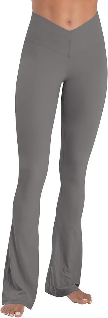 Sunzel Mini Flare Leggings for Women V Crossover Mid Rise Workout Flared Yoga Pants with Tummy Control and Wide Leg (Gray, L)