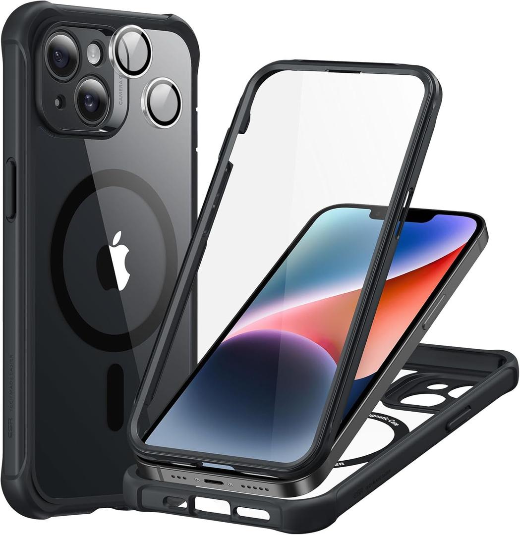 ESR for iPhone 15 Pro Max Case, Compatible with MagSafe, Full-Body Military-Grade Drop Proof Case for iPhone 15 Pro Max with Built-in 9H+ Tempered Glass Screen Protector, Clear Black