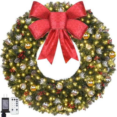 Christmas Wreath - 48inch Large Prelit Outdoor Christmas Wreath with Lights 200led, Bow, Pine Cones, Ornaments Balls - 512 PVC Branch Tips Artificial Xmas Wreath for Garages Walls Mantel