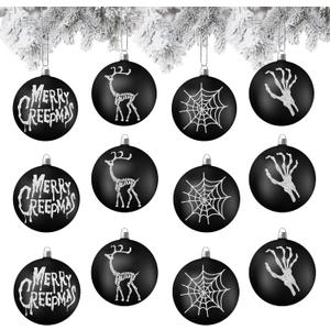 Syhood 12 Pcs 3.15 Inches Horror Gothic Creepy Christmas Tree Decorations Black and White Spooky Christmas Ball Bulk Modern Hanging Ornaments for Xmas Trees Holiday Decor