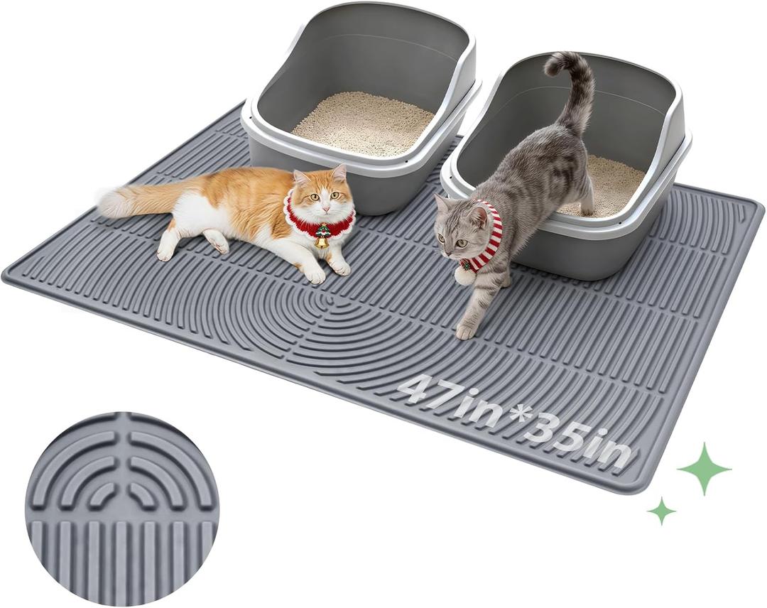 Cat Litter Box Mat, 47" x 35" Extra Large Silicone Waterproof Litter Trapping Mat for Scatter Control Soft on Kitty Paws Non-Slip Easy to Clean (Grey)