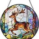 Stained Glass Window Hanging, Deer Circular Sun Catcher Ornament with Chain & Suction Cup, Suncatcher for Garden Door Home Decor, Birthday Gifts for Women Men Mom 7.8 in