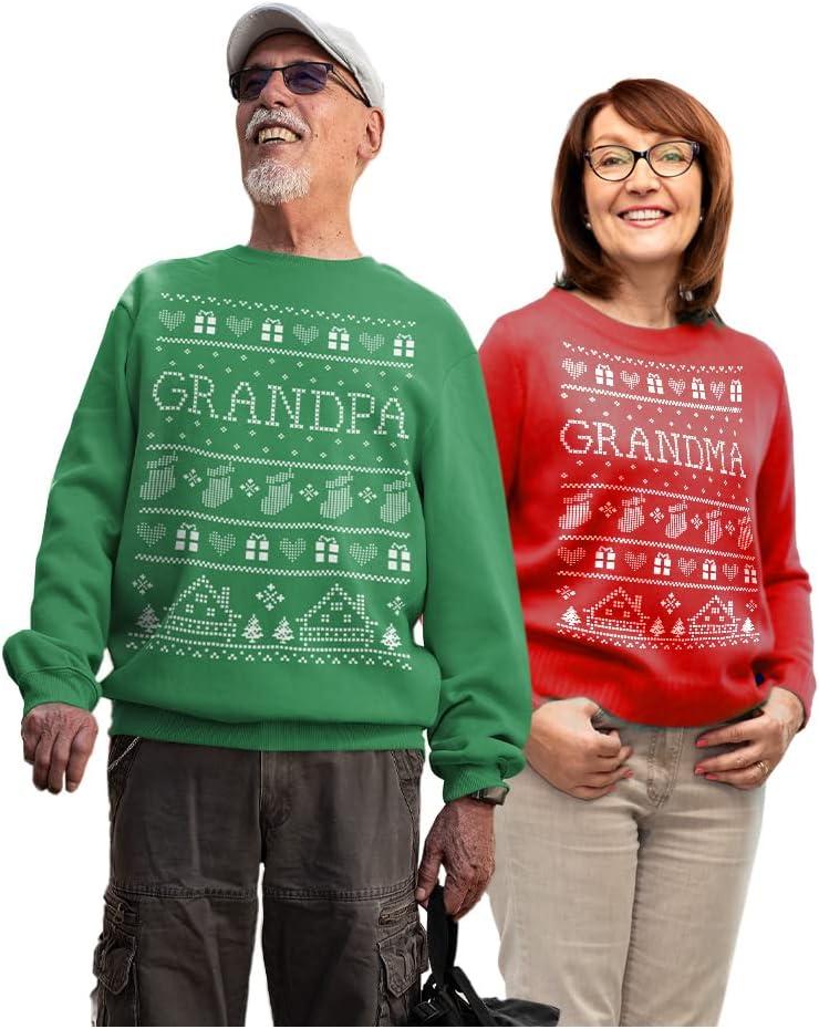 Tstars Grandpa and Grandma Matching Ugly Christmas Sweatshirt Set for Couples Holiday His and Hers Pullover Tops (Grandma Medium / Grandpa X-Large)