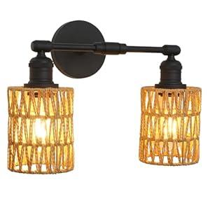 Yosoan 2-Lights Rattan Boho Wrapped Vintage Wall Sconce Light, Indoor Hardwired Hand-Woven Wall Lamp, Handmade Braided Rope Shade Wall Mount Fixture for Bedroom Bathroom Reading(Black)