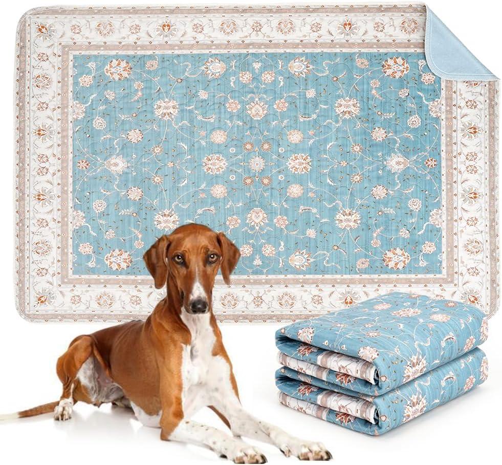 26"x40" 2 Pack Washable Pee Pads for Dogs, Rabbits & Hamsters - Reusable Puppy Pads Super Absorbent Waterproof Non-Slip Potty Pads for Crate, Couch, Car, Whelping & Playpen Liners (Blue Medallion)