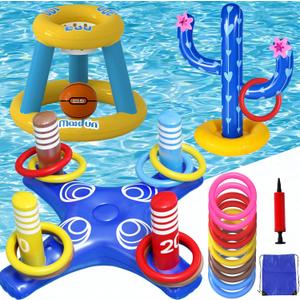 Max Fun Pool Toys Games Set, Inflatable Cross Ring Toss Games, Floating Pool Basketball Hoop, Inflatable Cactus Pool Floats for Kids Teens Adults Swimming Water Toys (3-Piece Set)