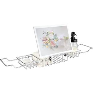 HOMEE Stainless Steel Shower Caddy Tray with Removable Book Holder, European Style Extendable Rectangular Bathroom Tray for Shower Bath Phone IPad Book Holder Candleholder Table Shelf - Silver