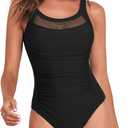 Century Star One Piece Swimsuit Women Tummy Control Vintage Swimsuits Mesh U Back Modest Swimwear (01 Black) Medium