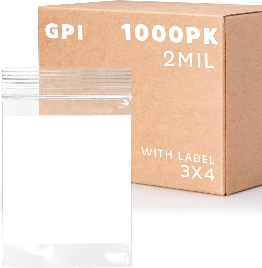 GPI Case of 1000 3" x 4" Clear Plastic Reclosable Zip Bags - Bulk 2 mil Thick Strong & Durable Poly Baggies With Resealable Zipper Top Lock & write-on white block, for storage, packaging & shipping