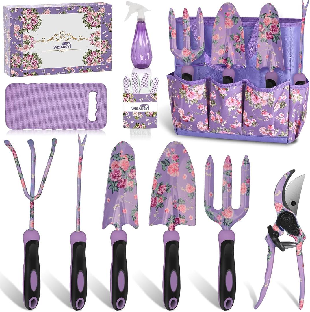 Gardening Tools, WisaKey 10 Piece Heavy Duty Purple Garden Tool Set Durable Garden Supplies Organizer Bag Garden Hand Tools Grandmother Granny for Woman Mothers