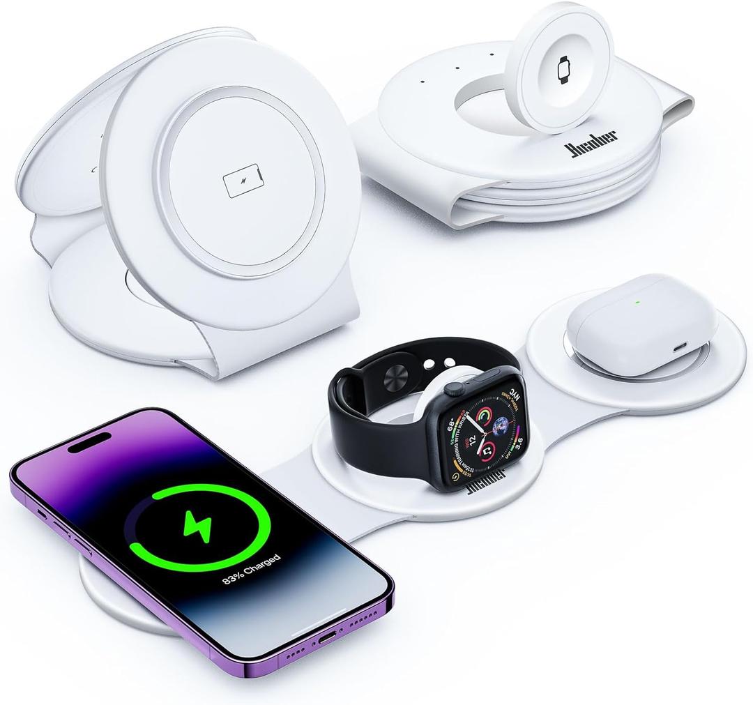 Hicober 3 in 1 Wireless Charging Station for iPhone 15, Magnetic Foldable Travel Charger Station Stand 18W for iPhone Air 17 16 15 14 13 12 Pro/Max/Plus/Apple Watch All Series & Airpods (White)