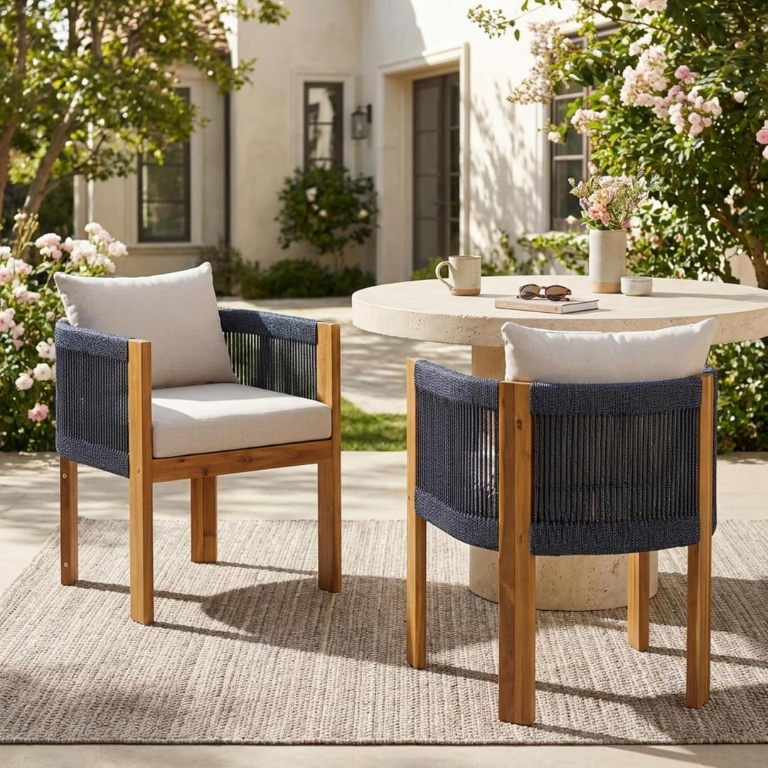 Merax Patio Dining Chairs Set of 2, Outdoor Club Dining Chair with Rope Woven Backrest & Cozy Cushion, Acacia Wood Frame Outside Armchairs for Garden Balcony Backyard, Black, 33 inch H