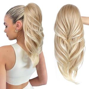 SEIKEA Versatile Drawstring Ponytail Extension, 18" Long Wavy Multi Layered Clip in Ponytail Hair Extensions Stand Up High Fake Pony Tail Soft Natural Synthetic Hairpiece Dark Blonde to Light Blonde