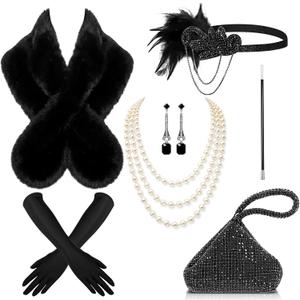 Estune 7 Pcs 1920s Flapper Accessories for Women Headpiece Fur Shawl Clutch Earrings Necklace Gloves Holder Roaring Costume