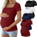 Huukeay 4 Pack Women's Maternity Shirts Cotton Short Sleeve Square Neck Pregnancy Tops Ribbed Side Ruched Summer Tee(Black, White, Navy Blue, Wine Red, Medium)