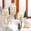 24 Pcs Christmas Village House LED Lighted Village Set Mini Christmas Tree Ceramic House Streetlight Branches Winter Accessories Ornament for Xmas Desktop Decor(5 Style)