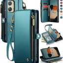 Defencase Compatible with Moto G Stylus 5G 2024 Case, RFID Blocking Wallet Case Compatible for Motorola Moto G Stylus 5G 2024 PU Leather Flip Strap Zipper Card Holder Phone Case for Women, Blue Green