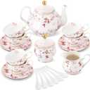 fanquare 21 Pieces British Porcelain Tea Set with Gold Trim, Pink Autumn Leaves Floral Tea Sets for Women Tea Party, 6 Teacup and Saucers for Coffee Home Wedding