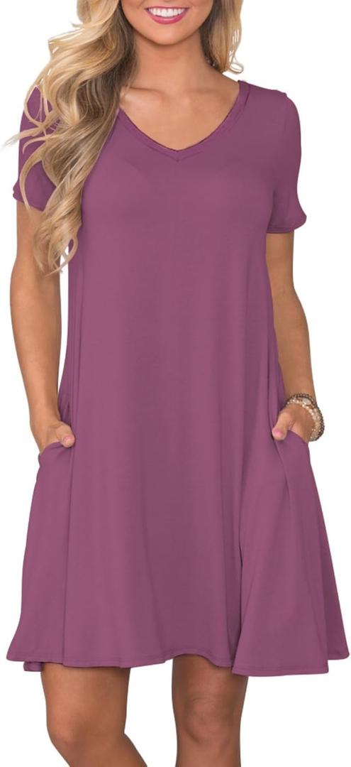 Women's Casual T Shirt Dress Summer Short Sleeve Swing Dresses with Pockets (Large, Mauve-1)