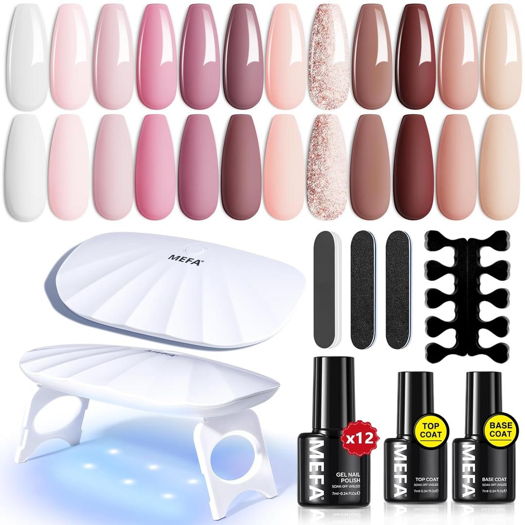MEFA 19 Pcs Gel Nail Polish Kit with U V Light, 12 Colors All Seasons Nude Pink Milky White Soak Off Gel Polish Nail Set with Base Top Coat Essential Manicure Tools Beginners Salon Nails DIY Art
