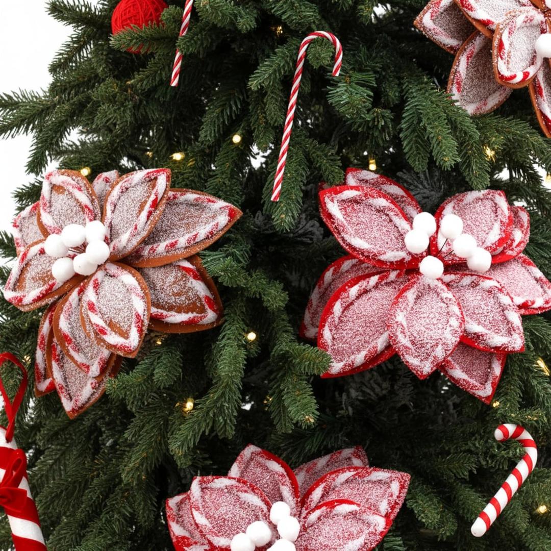 Daifunli 6 Pcs Large Christmas Sugar with Candy Poinsettia Flowers Tree Picks with Berries 10.6 Inches Christmas Tree Ornaments for Xmas Home Vase Decor(Red and Brown)