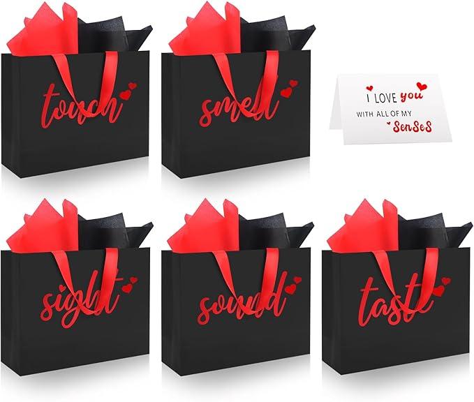 Epoesch 5 Senses Gift Bags for Him With Labels - Includes Tissue Paper & Greeting Card, Unique Birthday, Valentine‘S Day, Anniversary, Wedding Gifts for Boyfriend, Bf or Husband (Black with red lettering)