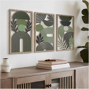 VIYYIEA Boho Solid Wood Carved Wall Art Set of 3, Geometric Minimalist Wooden Home Decor Panels, Handcrafted Solid Wood Wall Hanging for Living Room Bedroom Hallway, 16 x 8 Inch Each (Boho Green)