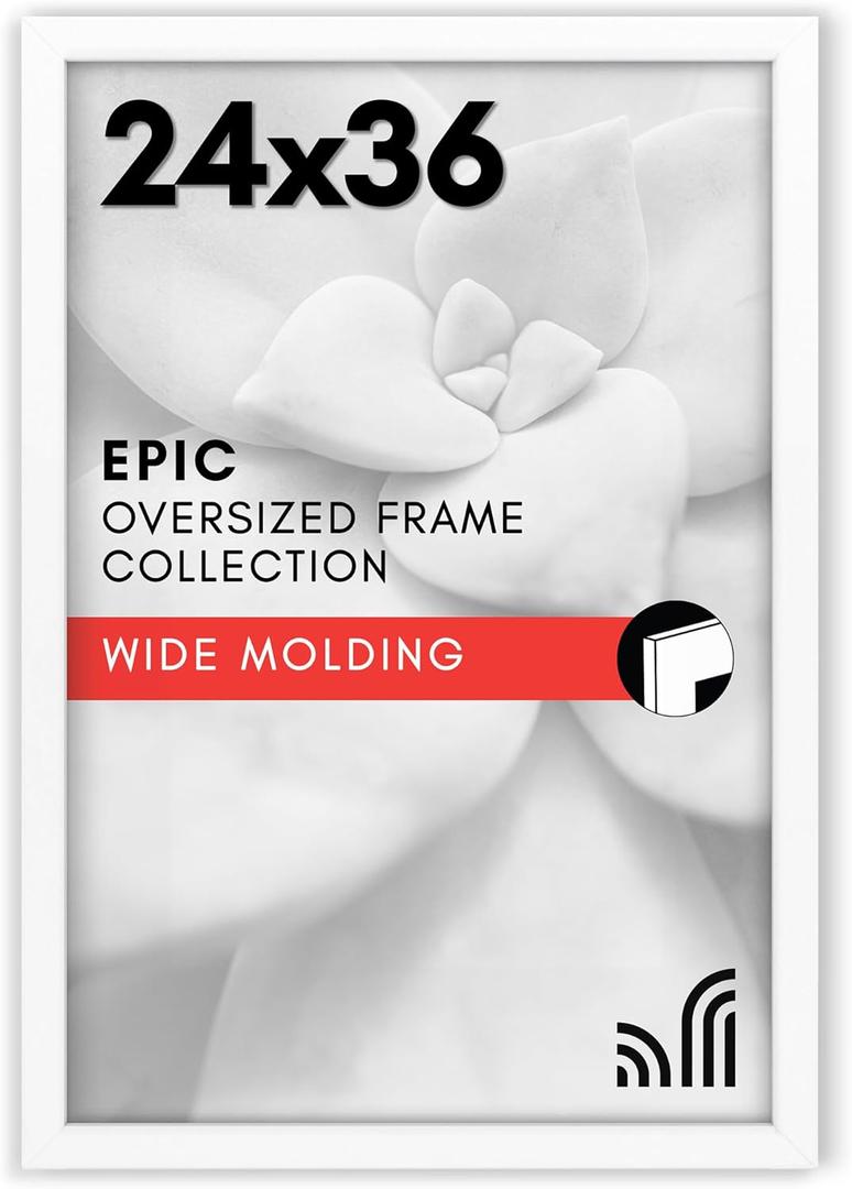 Americanflat 24x36 Poster Frame - White Engineered Wood with Polished Plexiglass - Wide Picture Frame for Vertical or Horizontal Wall Display - Epic Collection - White | Polished plexiglass front, hangs vertical or horizontal, sawtooth hangers included, fits photos, posters and art