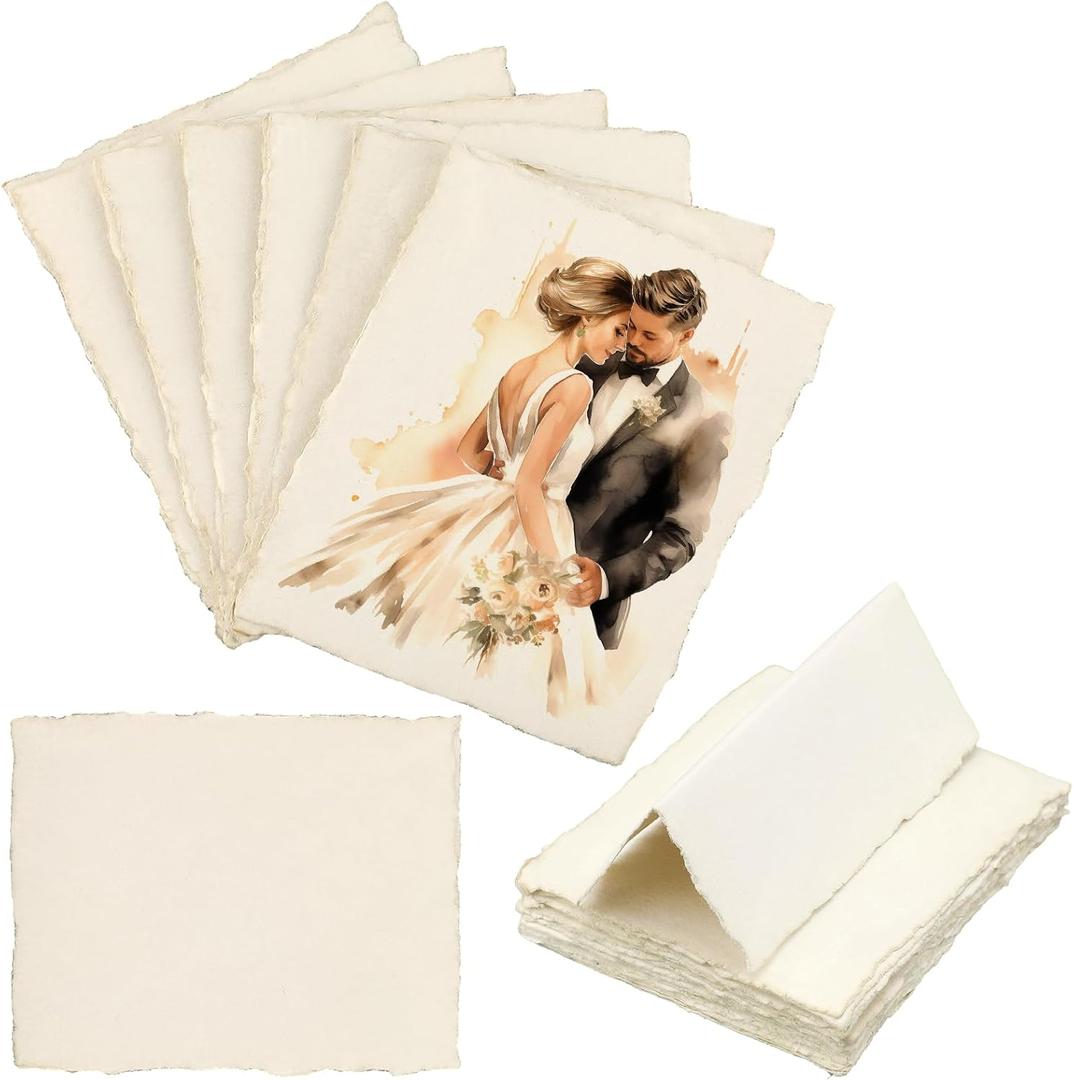 25 Pcs Handmade Deckle Edge Tent Cards Deckled Edge Paper Folded to 3.5 x 2 Inch 300 Gsm Blank Textured Cotton Paper Name Place Cards for Wedding Dinner Table Settings Gift Tags (Vintage)