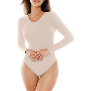 SINOPHANT Long Sleeve Bodysuit for Women Crew Round Neck Basic Stretchy Slim Fit Body Suit Top (Beige, Large)