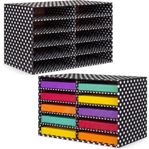Eaasty 2 Pack 10 Slot Paper Storage Organizer, Back to School Construction Paper Holder for Office, Home, and School Use, 20.5 x 12.4 x 13.3 Inches(Polka Dots,Black)