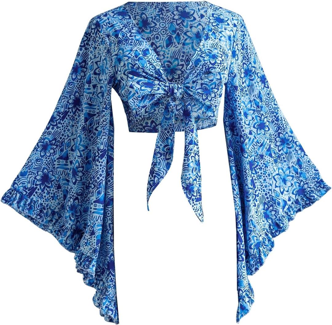 BEAUDRM Women's Boho Tops Wrap Western Country Concert 70s Outfits Tie Front Long Bell Sleeve Tops Hippie Disco Clothes (Blue Flower Boho, Medium)