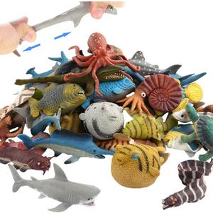 18 Pack Assorted Ocean Animal, Stretchy and Floating Rubber sea Animals Toy Set, Mini Realistic Under The Sea Life Figure for Toddler Bath Bathtub, Shark Octopus Fish Toys Bulk for Kid Party