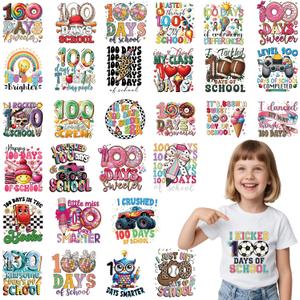 30 Sheets 100 Days of School Iron on Transfers for T-Shirts, 100th Day of School DTF Transfers Ready to Press Heat Transfers Vinyl, Iron on Decals for Clothes Bag Pillow Covers DIY Crafts