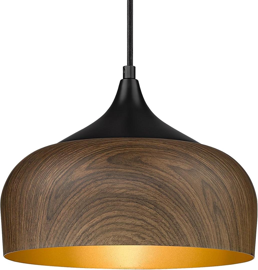 ELYONA Modern Pendant Light Walnut Wooden Pattern Dome Pendant Light Fixture Matte Black Metal Gold Inner Finish Adjustable Hanging Lighting for Kitchen Island Dining Room Office Hallway Foyer Bedroom, Medium