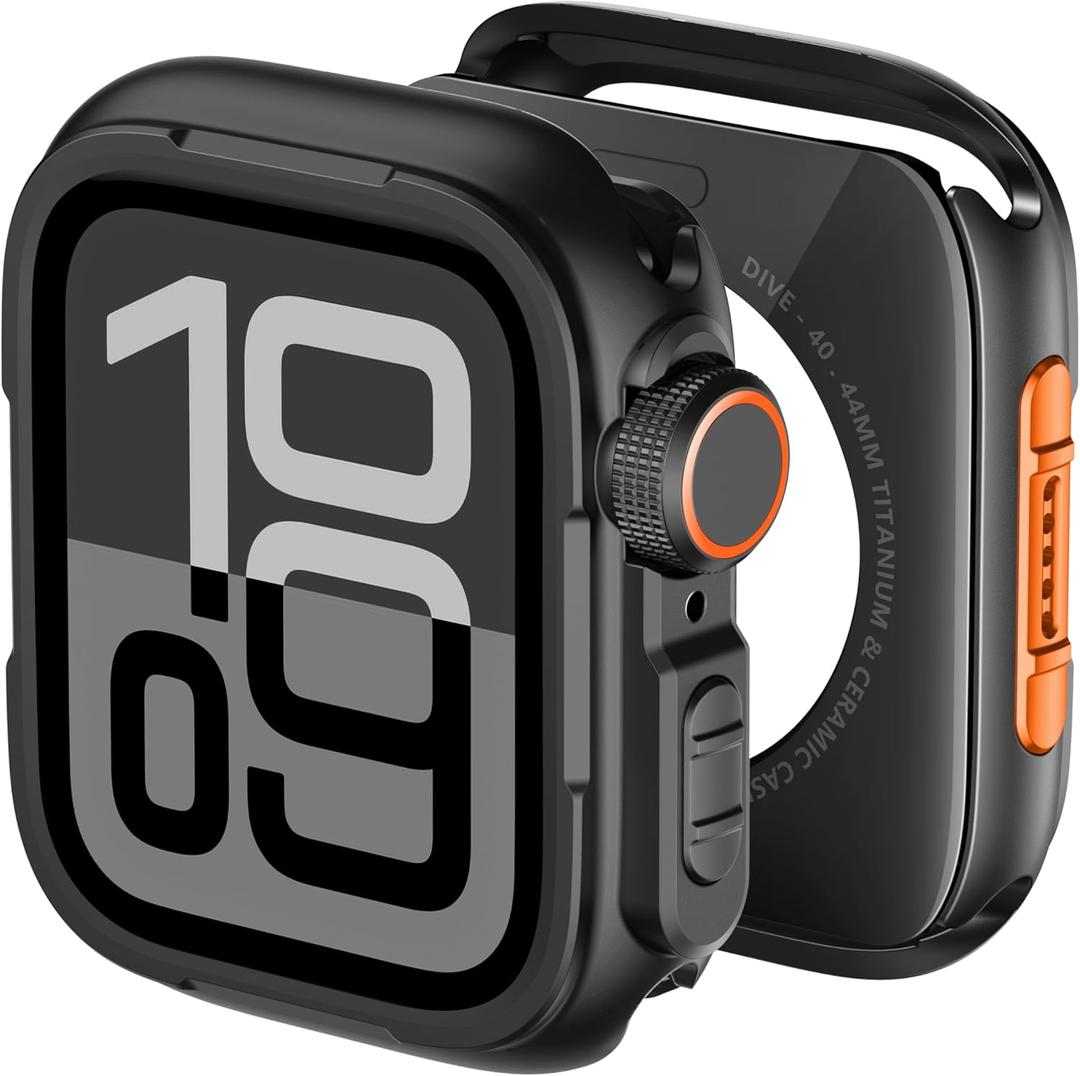 BXUXOHS Metal Case for Apple Watch 44mm Cover,Rugged Protective Bumper +Metal Crown +PC Back Cover,Military-Grade Armor Shield Shockproof Protector Case for iWatch Series 6/5/4/SE 44 mm (Black Orange)