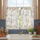 jinchan Floral Kitchen Curtains 30 Inch Linen Tier Curtains Farmhouse Cafe Half Window Drapes Over Sink Light Filtering Blue on Beige for Living Room Laundry RV Rod Pocket 2 Panels