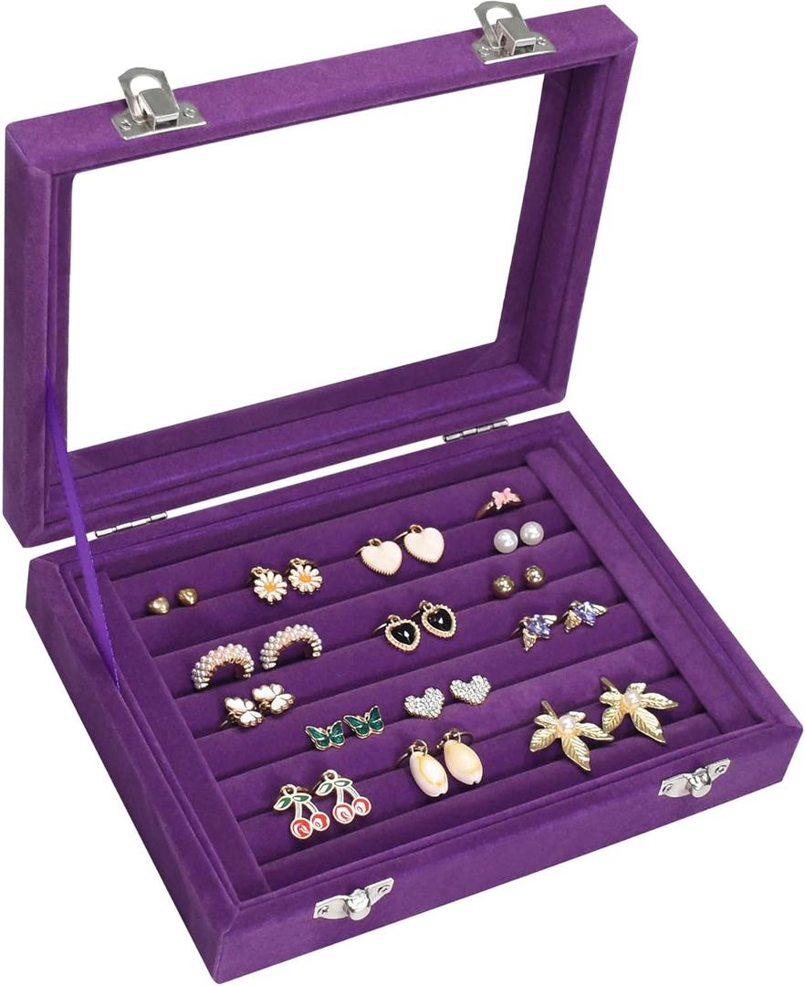 Vicoter Rings Organizer Tray 7 Slots Velvet Jewelry Earring Storage Box with Transparent lid Jewelry Display Case for Girls Wife Mom Women (Purple)