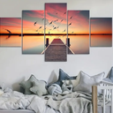 Wooden Large 5 Piece Canvas Wall Art Beautiful Sea View Sunset Painting Picture for Bedroom Living Room Office wall Decor Artwork Framed Gicle Prints Posters Stretched Ready to Hang