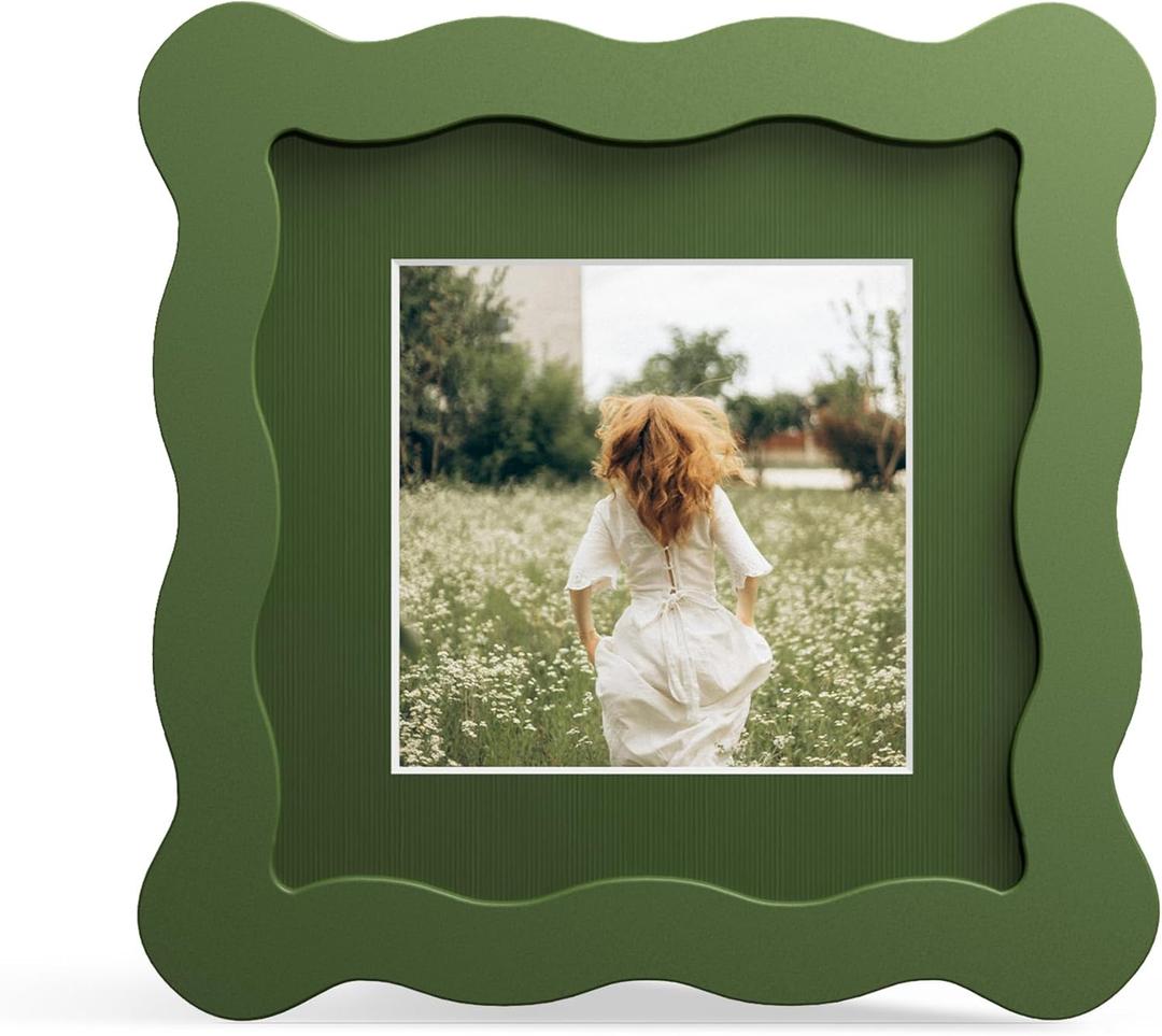 4x4 Picture Frame with Mat for 3x3, Wavy Edge Wooden Real Glass Photo Frame for Tabletop and Wall Hanging, Green, 1 Pack